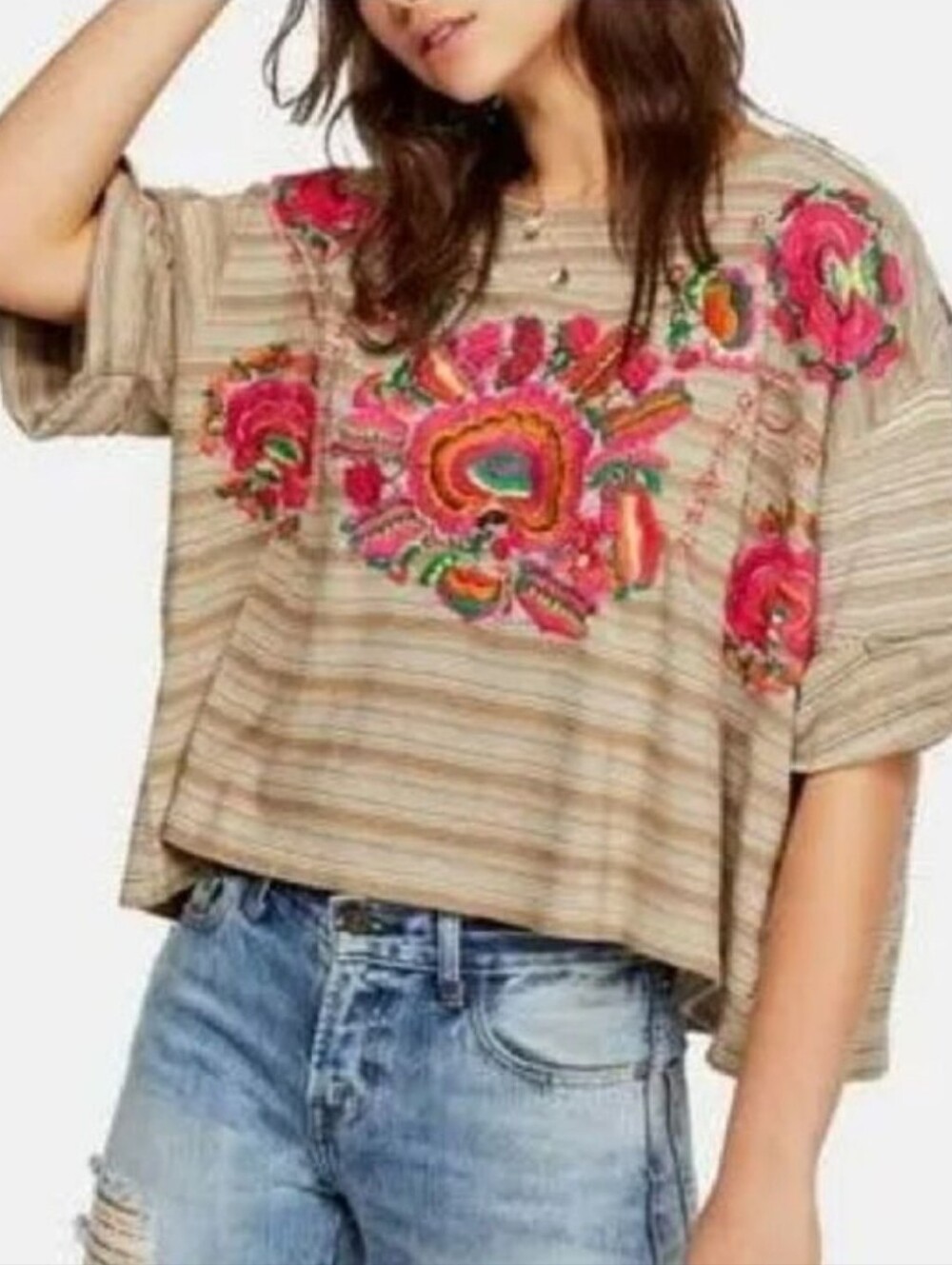 FREE PEOPLE Catalunya Mushroom Stripe Embroidered Oversized Crop Top SRP$128 NWT